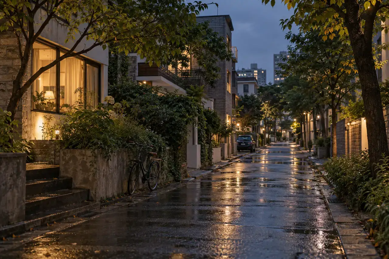 Quiet tree-lined side street near Hongdae and Yeonnam after rain at night.