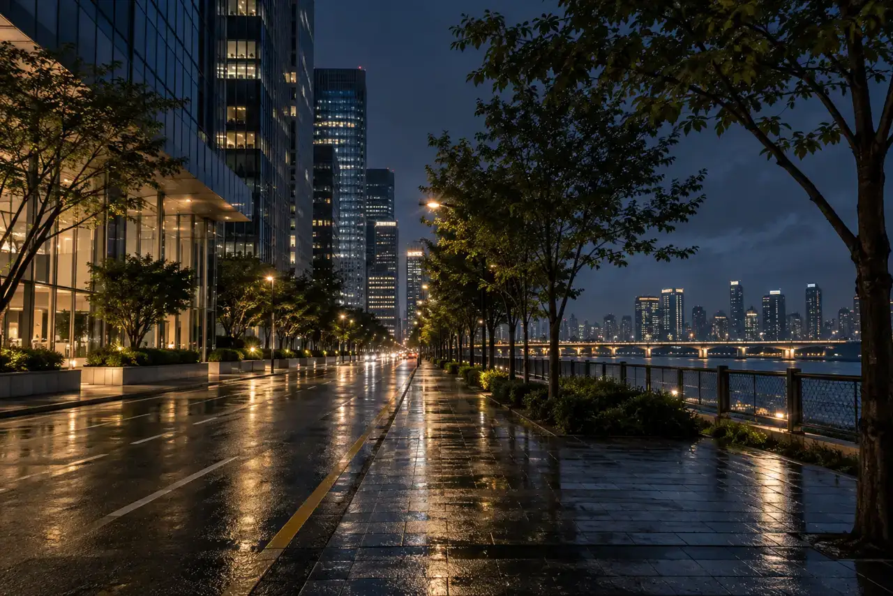 A quiet riverside office-district street in Seoul after rain at night.