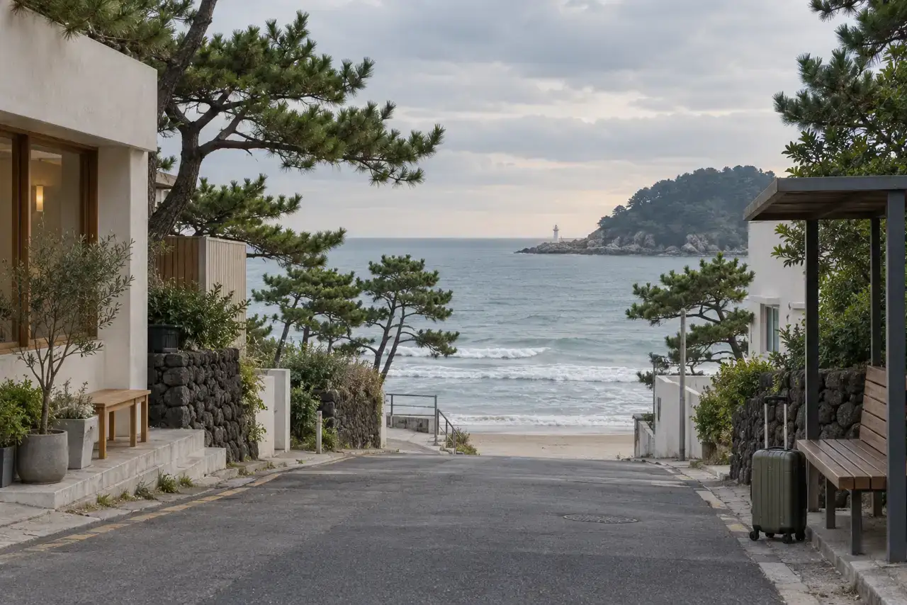 A quiet street approaching Songjeong coast with low façades, pine trees and a suitcase beside a bench.