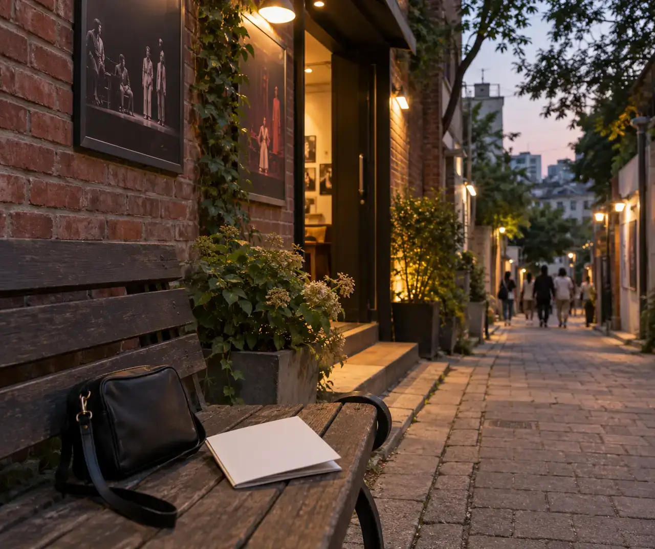 A softly lit, unbranded theatre-district street in Daehangno with two travellers carrying compact bags.