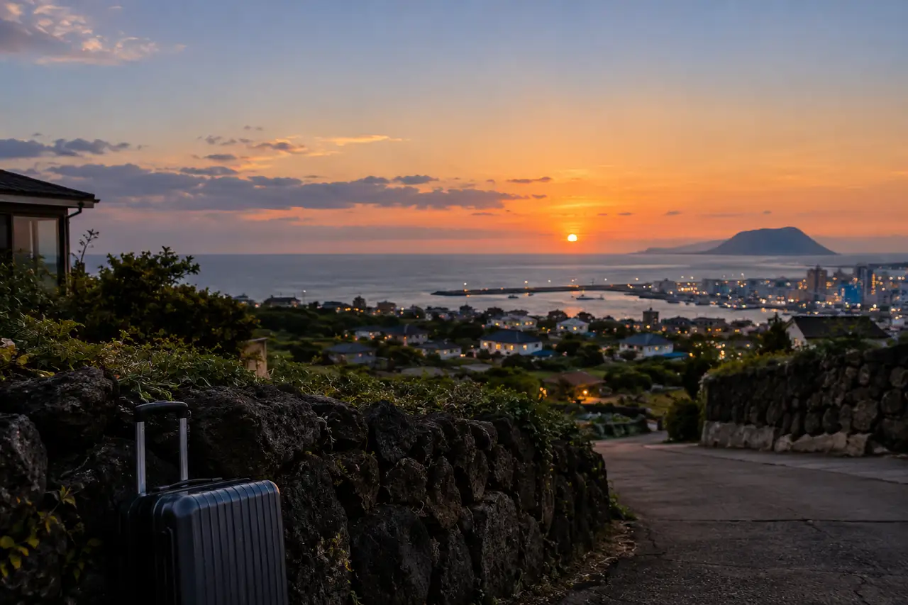 A Jeju City hillside road at dusk looking toward the sea with a small travel suitcase, illustrating a calm first-night planning decision