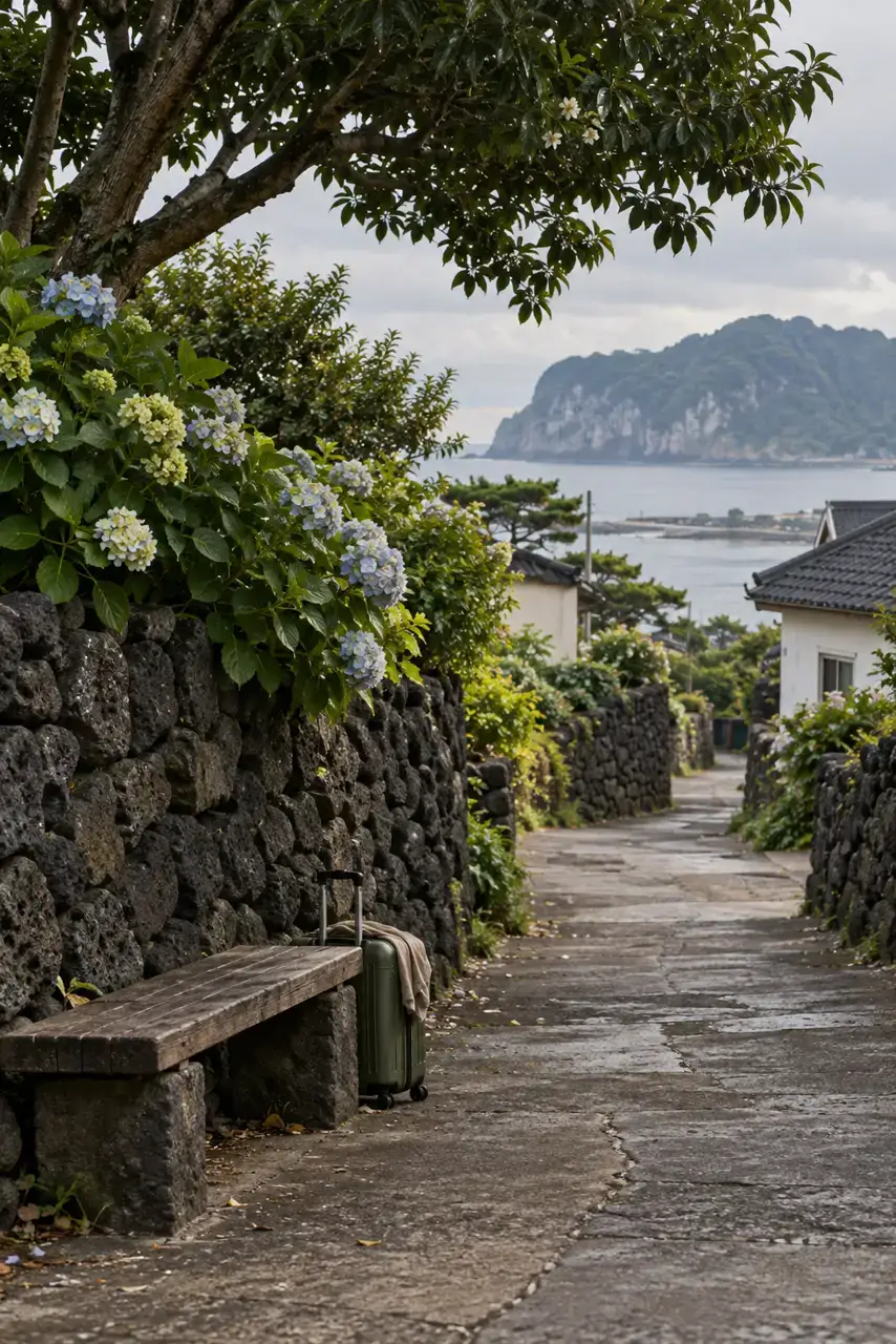 A shaded Seogwipo lane with volcanic-stone walls, green foliage and a compact suitcase beside a bench.