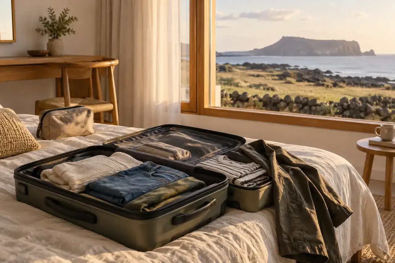 An open suitcase being repacked in a quiet Jeju guest room with the coast outside.