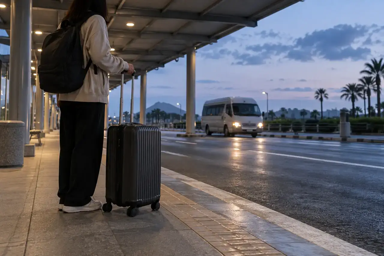 A traveler and rolling suitcase waiting at a covered rental-car shuttle area in Jeju before sunrise.
