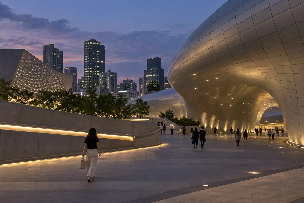 A wide public plaza in Dongdaemun at night with understated lights and travellers carrying day bags.