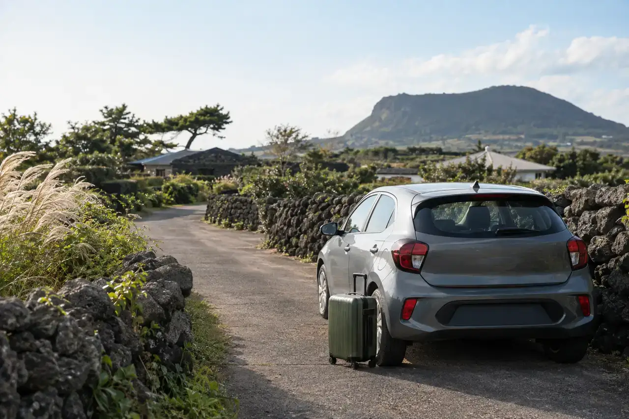 An unbranded compact car and suitcase beside a volcanic stone-walled lane on west Jeju.