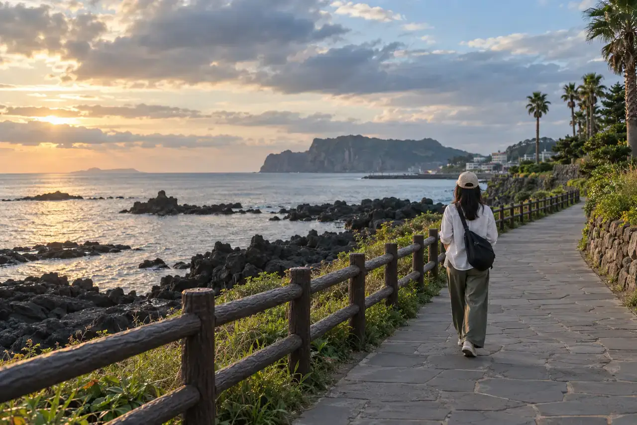 A traveller with a day bag on a public Seogwipo promenade above volcanic rocks and the south coast.