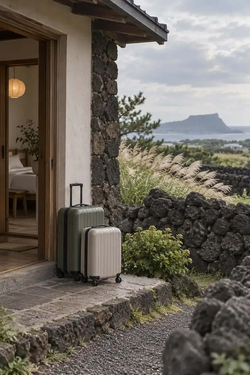 Two compact suitcases beside a quiet eastern Jeju doorway framed by volcanic stone and silver grass.