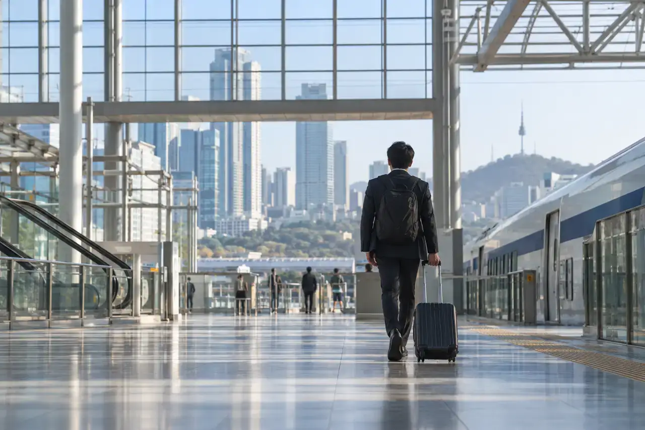 A business traveler pulling a small suitcase through a modern Seoul rail concourse.