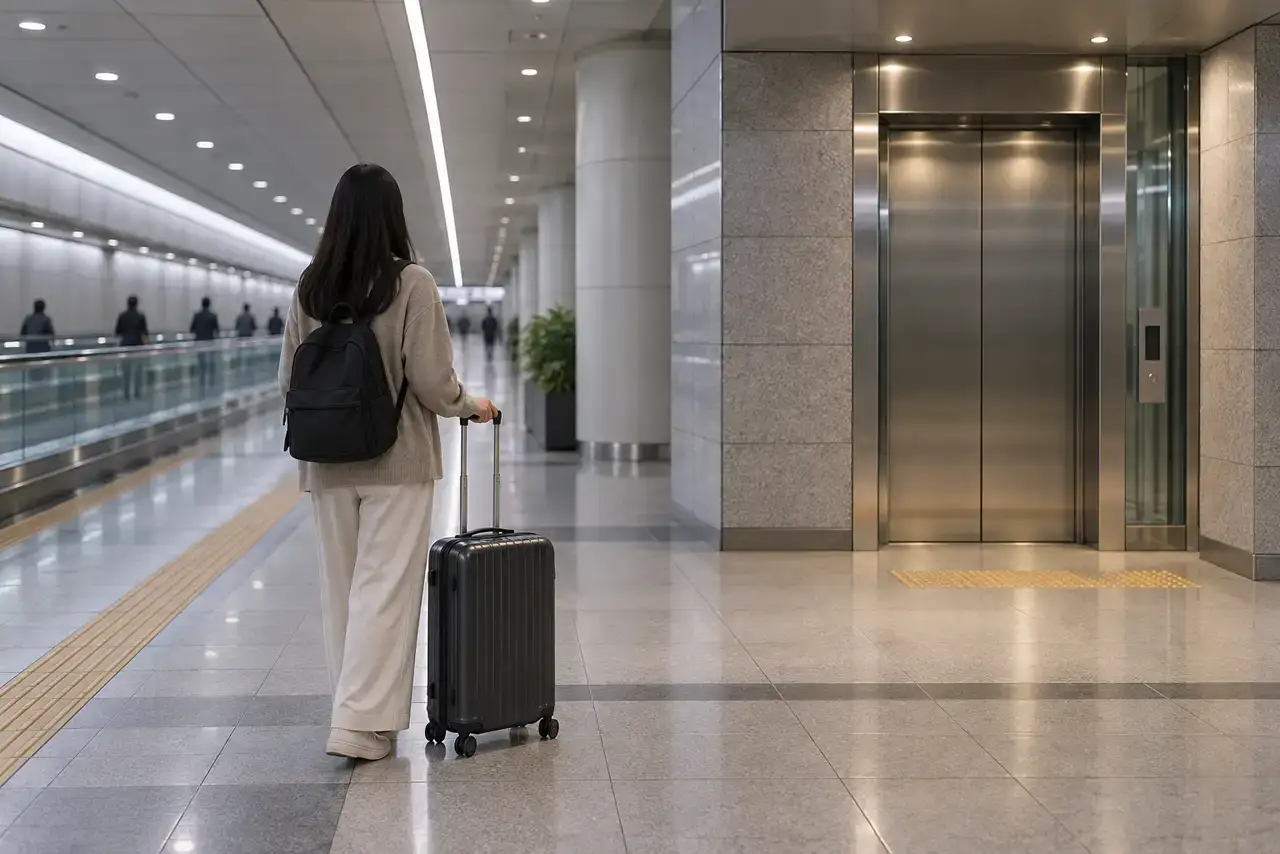 Traveler with a suitcase waiting beside an elevator in a modern underground rail concourse.
