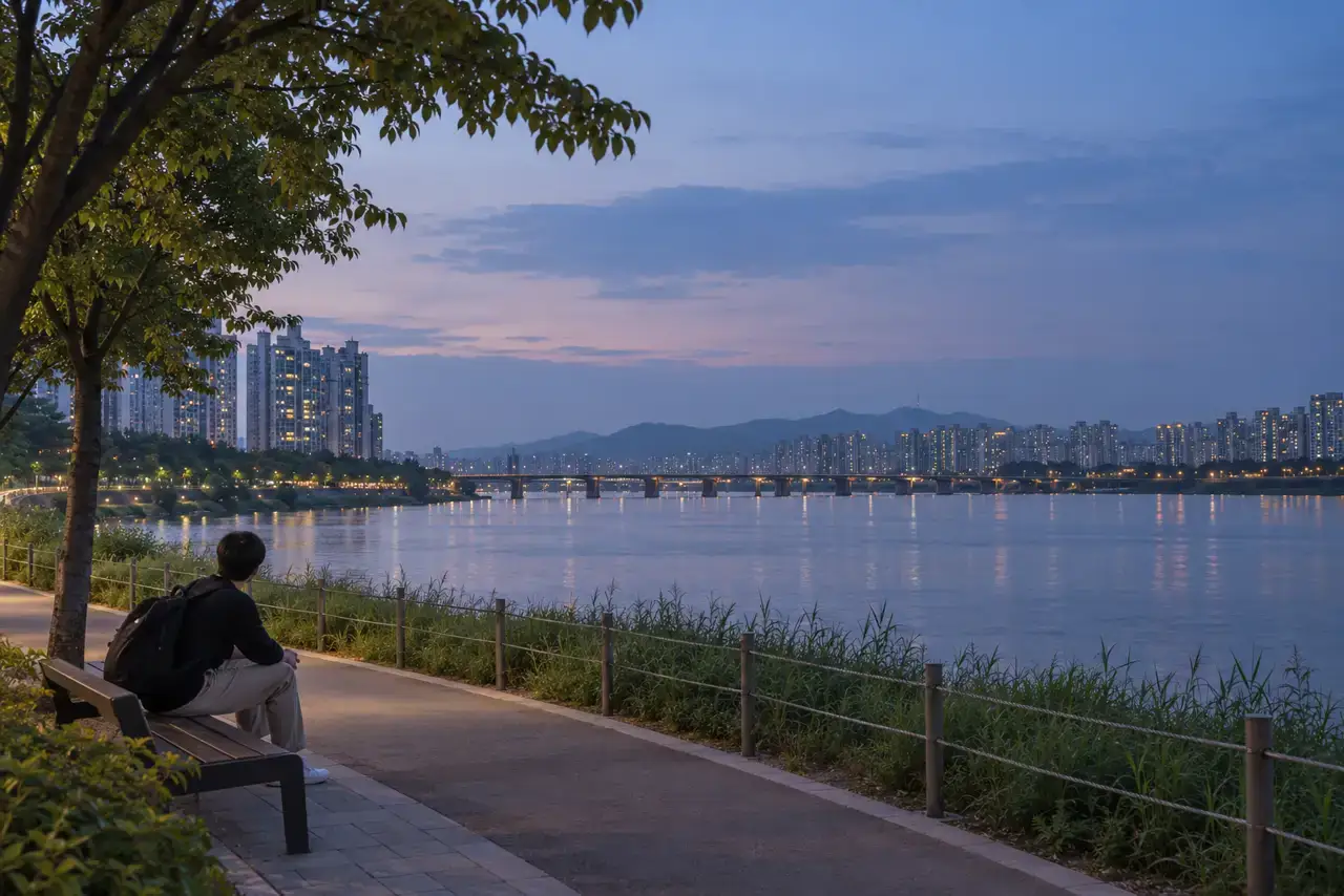 A traveller resting beside a tree-lined public riverside path in Jamsil at blue hour.