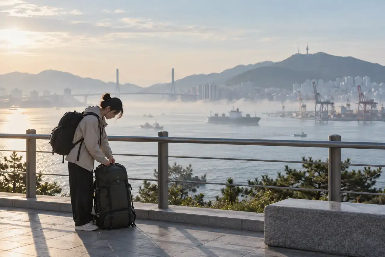 A traveller adjusting luggage on a public Busan harbour walkway in soft early-morning mist.