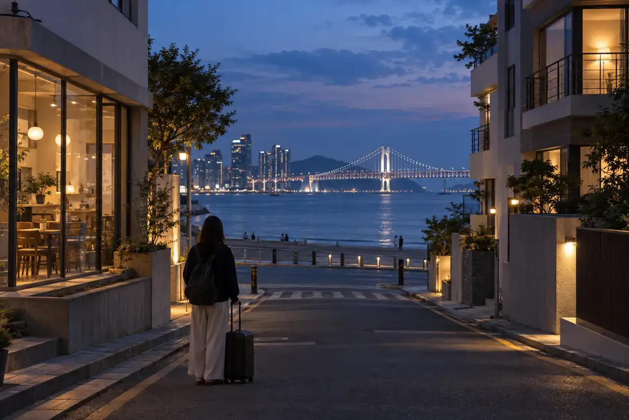 Quiet Gwangalli side street descending toward the illuminated Gwangan Bridge at blue hour.