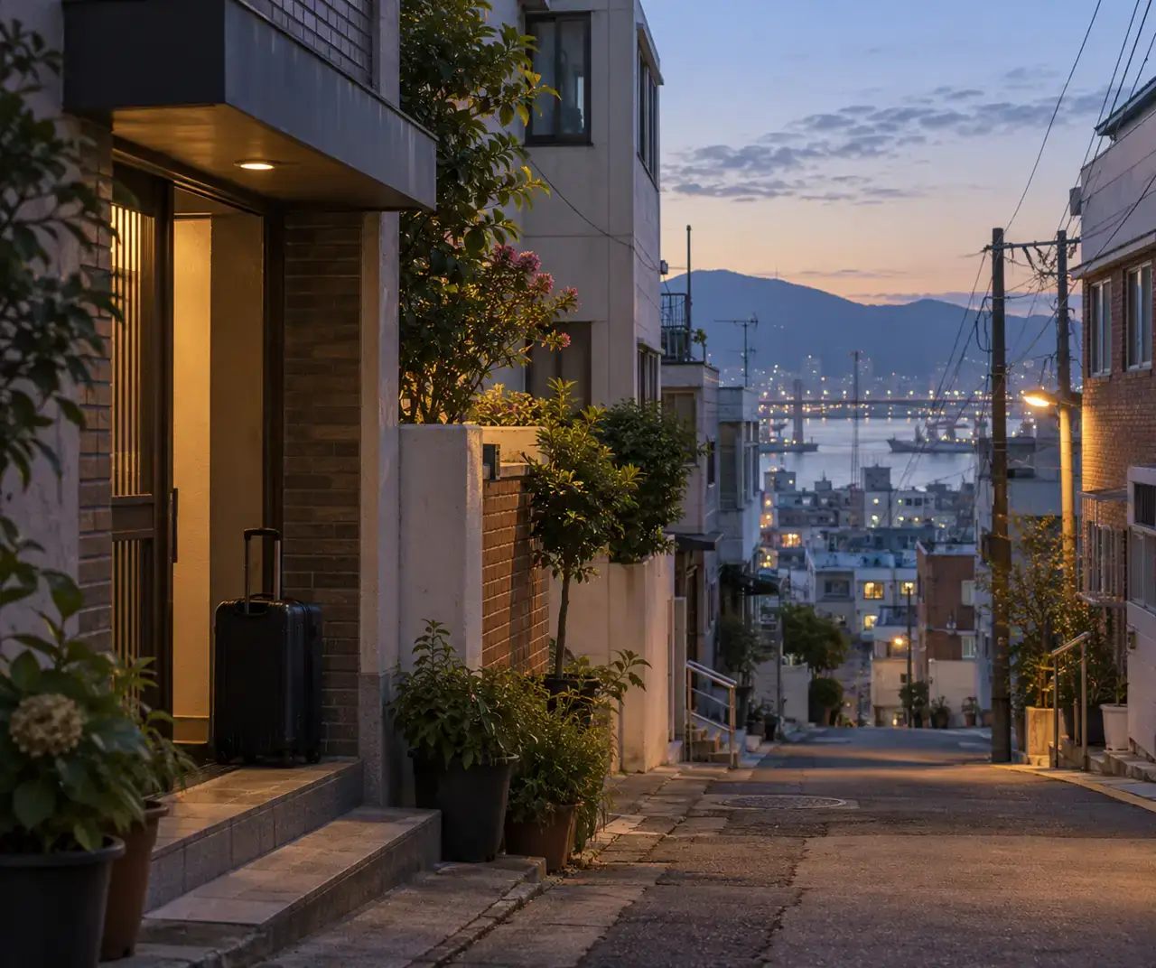 A quiet Choryang side street in Busan before sunrise, with a compact suitcase near an unbranded entrance.