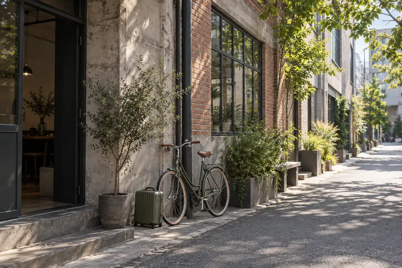 A quiet Seongsu side street with unbranded brick workshop façades, a bicycle and a small suitcase.