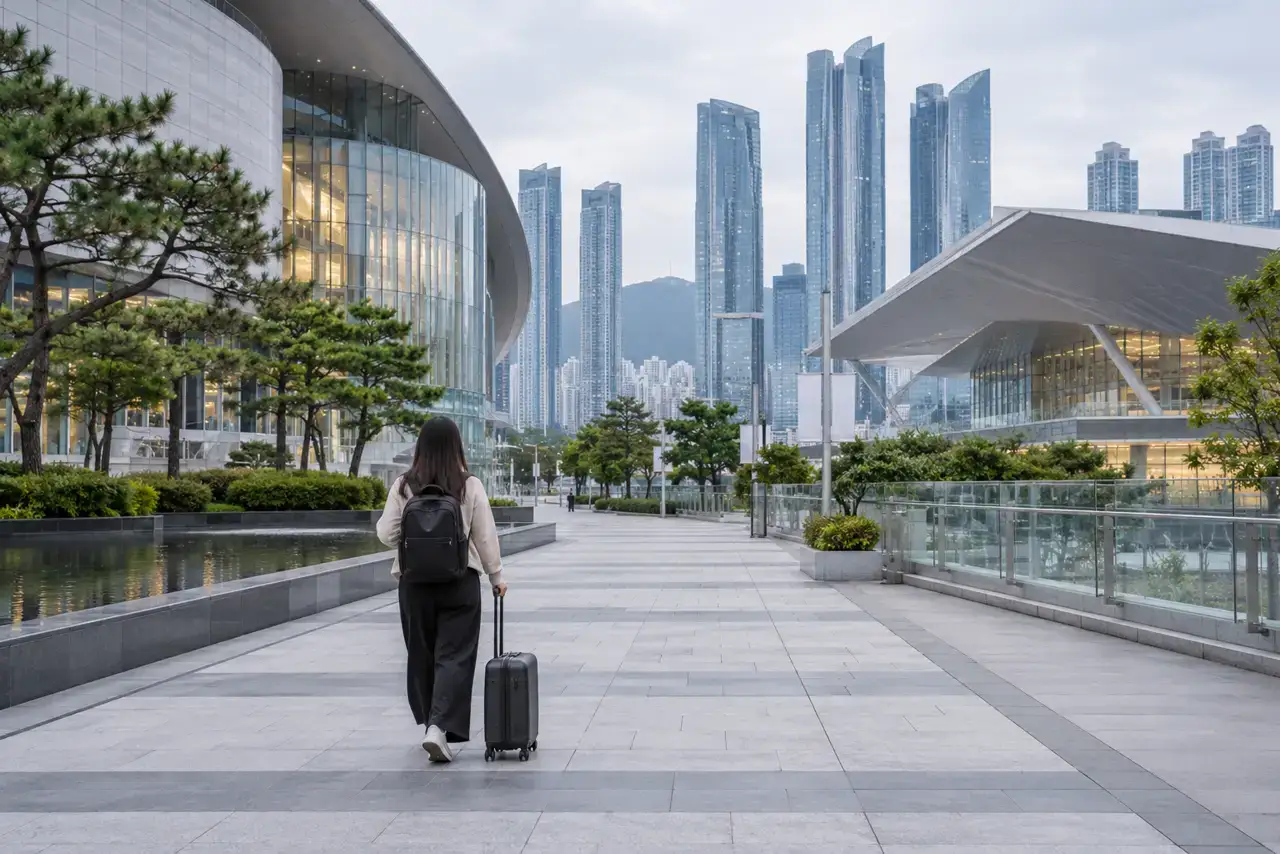 Traveler pulling a suitcase through the modern Centum City district in Busan.