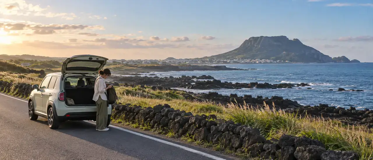 A traveller checking a day bag beside a small car on a quiet volcanic east-coast road in Jeju.