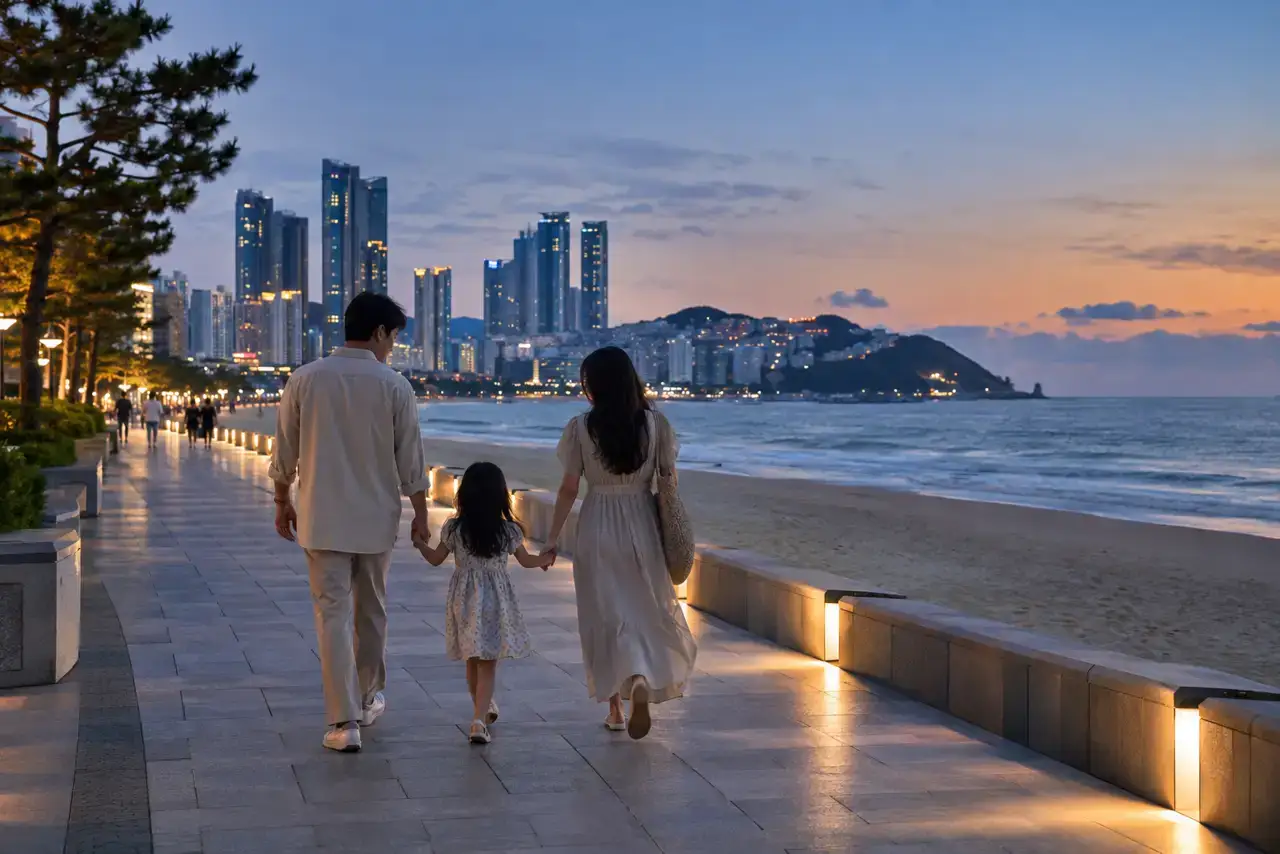 A family of three walking on Haeundae beachfront promenade at dusk.